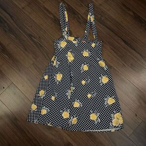 ModCloth navy polka dot yellow floral skirt overall dress xs